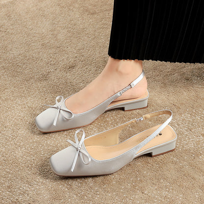 972-H101 Stunning French Small Square Toe Singles Versatile Bow Shallow Back Hollow Low Heel Satin Evening Style Women's Shoes