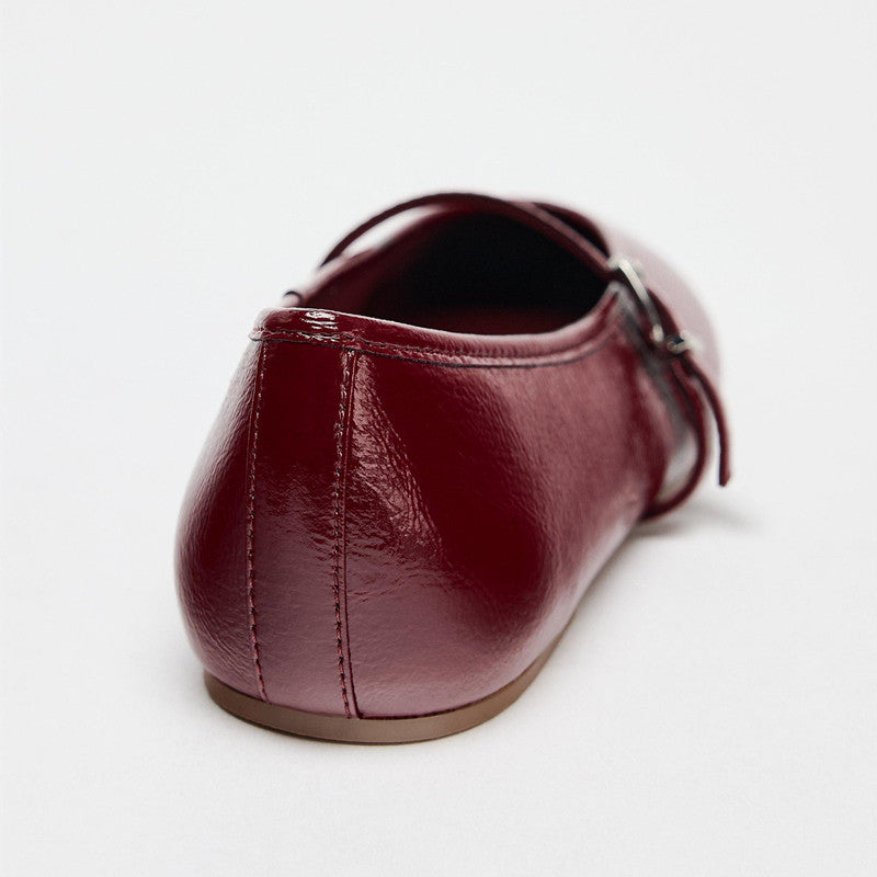 ZA Spring 2025 New Women's Shoes Burgundy Patent Leather Effect Ballet Shoes Flat Single Shoes Flat Heel Casual Versatile