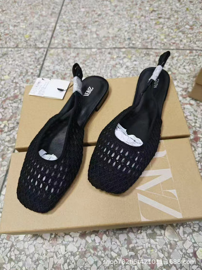 ZA2025 New Mesh Fishnet Toe Sandals Women's Niche Flat Back Hollow Sandals Single Shoes Hollow Fashion