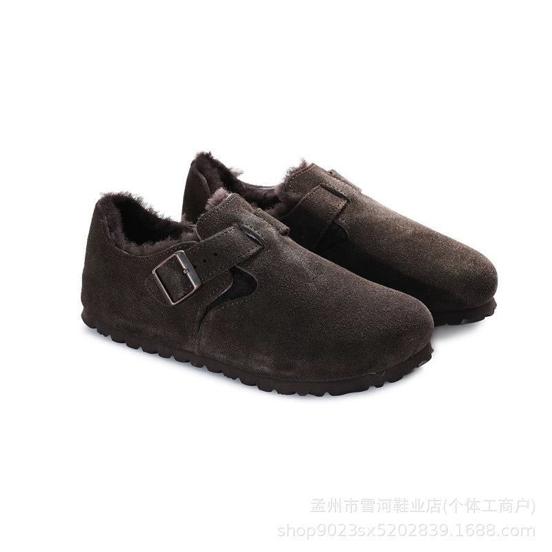 Sheepskin and wool integrated Birkenstock shoes women's half slippers winter 2025 new cork fleece cotton shoes Bokenstock slippers