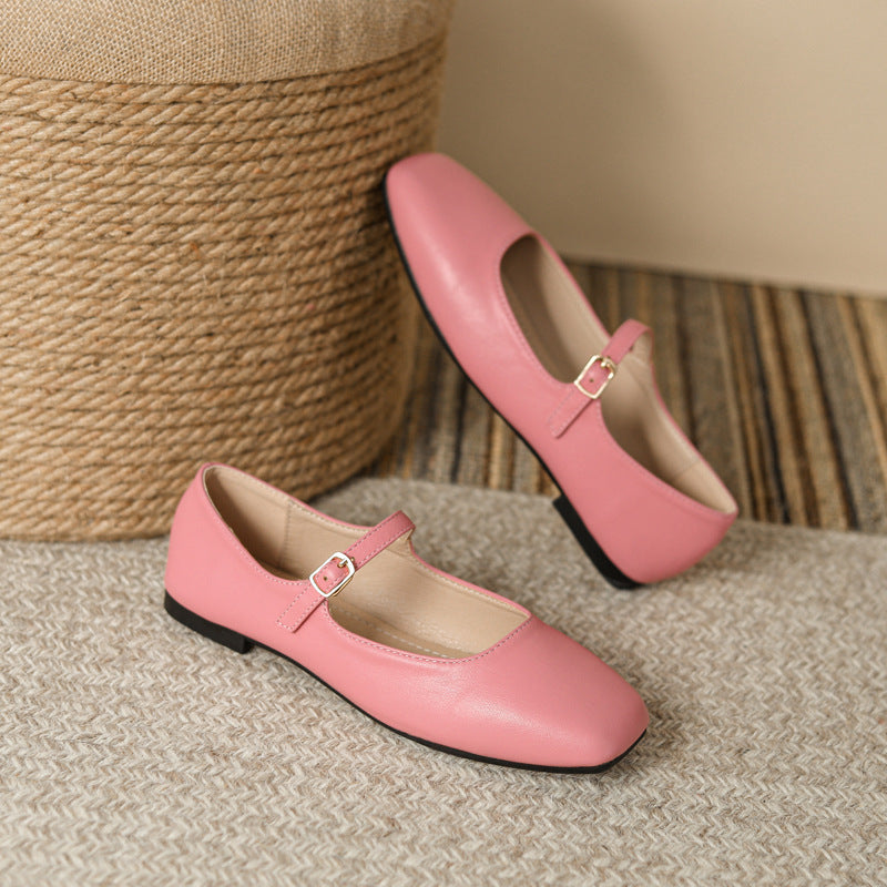 2026 new French soft leather one-button square toe shallow temperament retro Mary Jane single shoes women's flat gold
