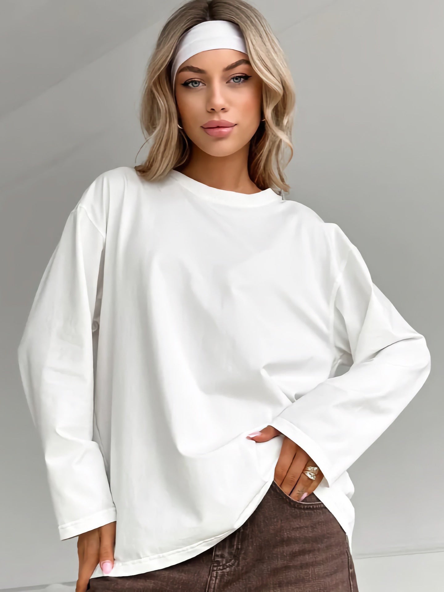 High-quality solid color simple long-sleeved T-shirt women's mid-length version European and American style cross-border loose casual new crew neck top