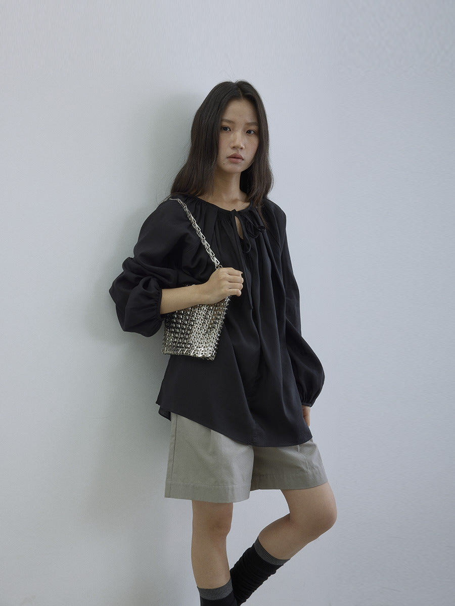 EVERTRUE small shirt women's summer Korean version loose slim long sleeve light Tencel long sleeve top 92177