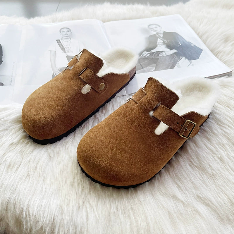 Sheepskin fur integrated Birkenstock shoes female genuine leather cork Boken edamame bean shoes autumn and winter pile platform snow boots