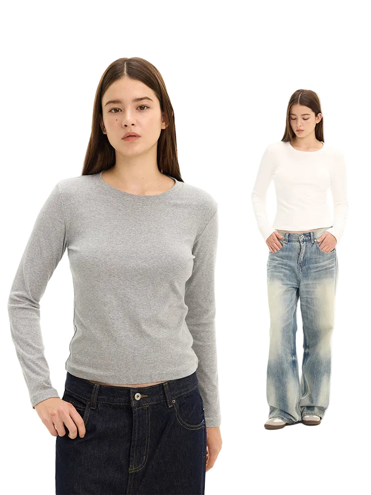 UNF Straight Shoulder Lycra Cotton Skin-friendly Solid Color Stretch Base Top Casual Commuter Crew Neck Long Sleeve Bottom T-Shirt Women's