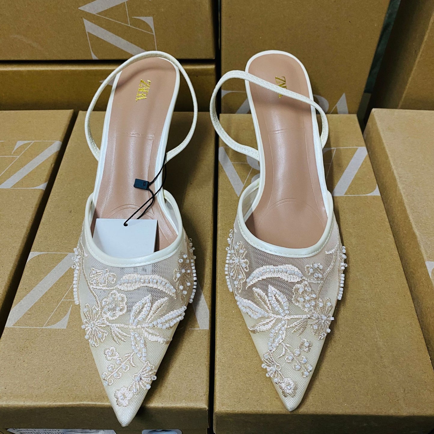 Zara floral embroidered mesh heeled slingback shoes