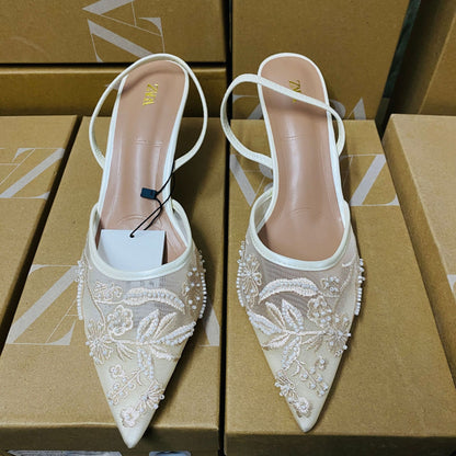 Zara floral embroidered mesh heeled slingback shoes
