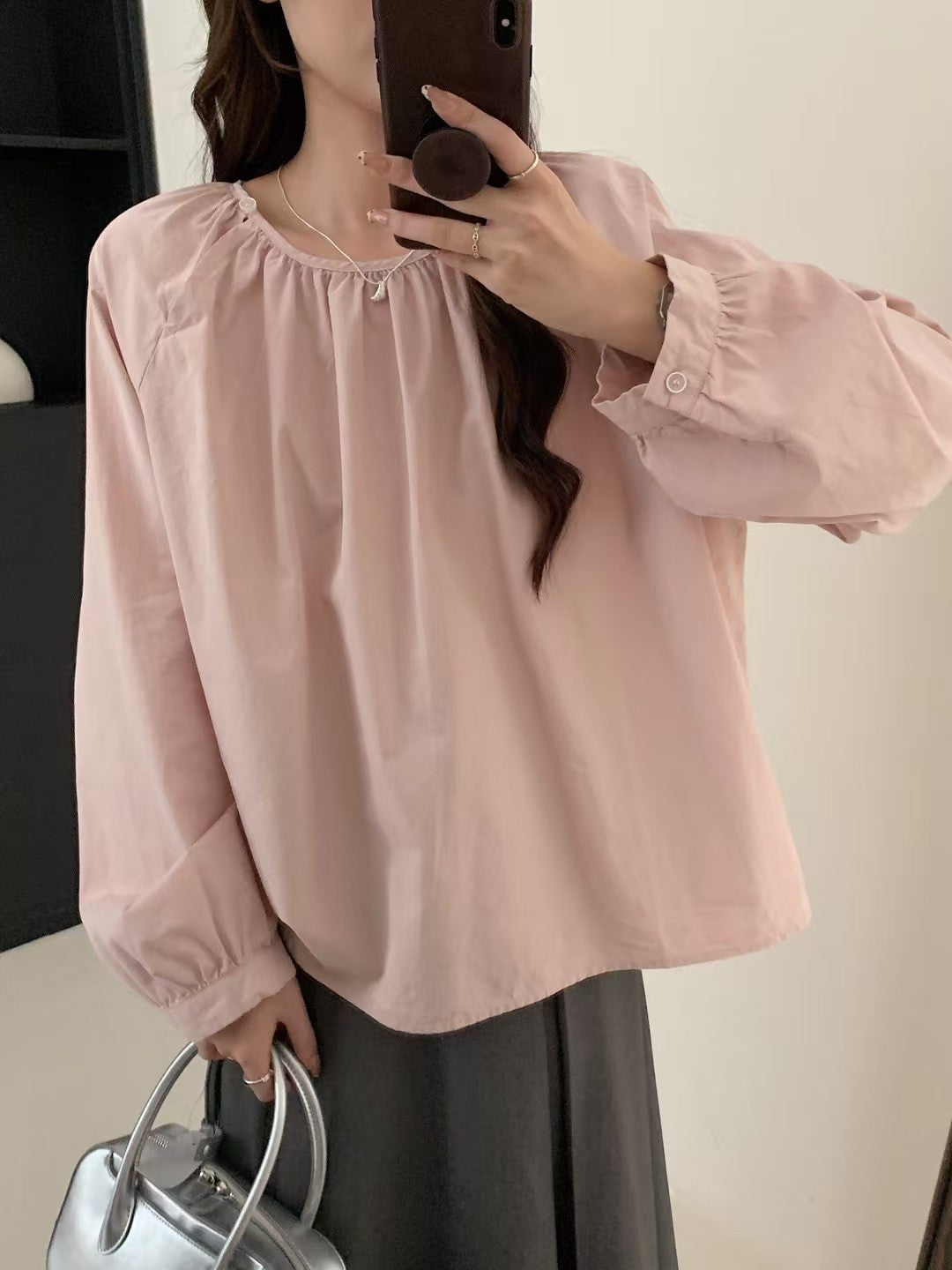 2422 French literary pullover shirt Autumn new shirt loose cotton doll shirt slimming top