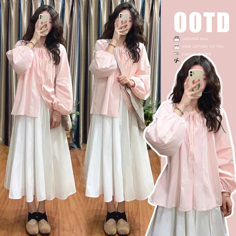Pink sunscreen lantern sleeve design niche shirt + off-white belly support skirt