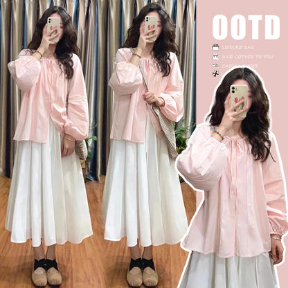 Pink sunscreen lantern sleeve design niche shirt + off-white belly support skirt