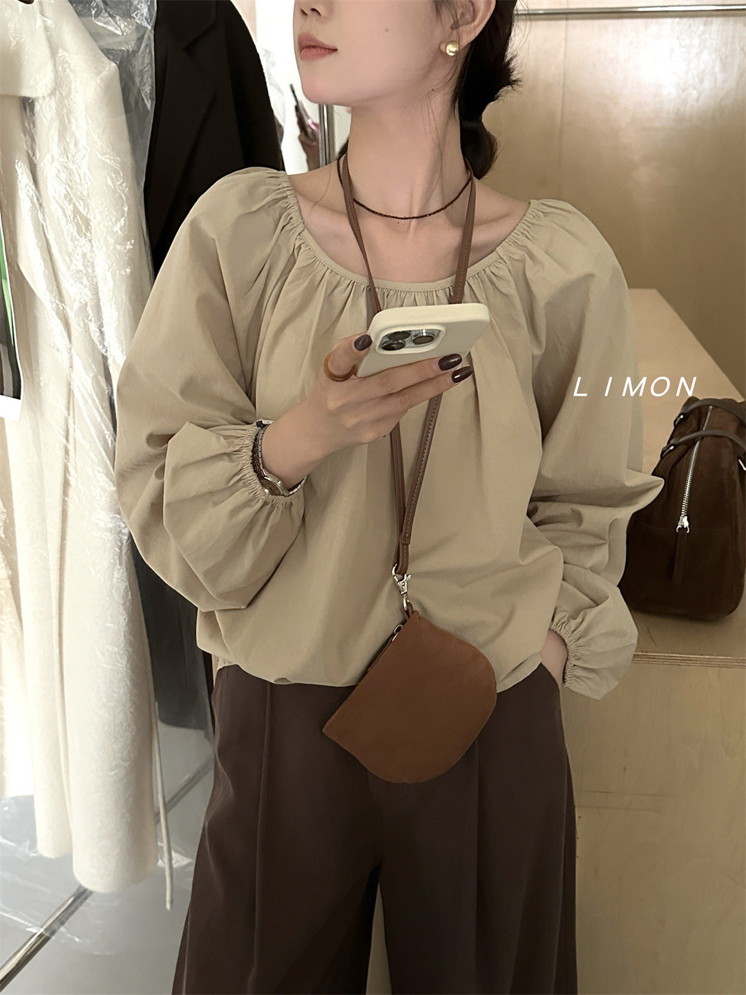 THE LEMON Green Tea 2024 Autumn New Korean Simple Temperament Crew Neck Solid Color Shirt Top Trend