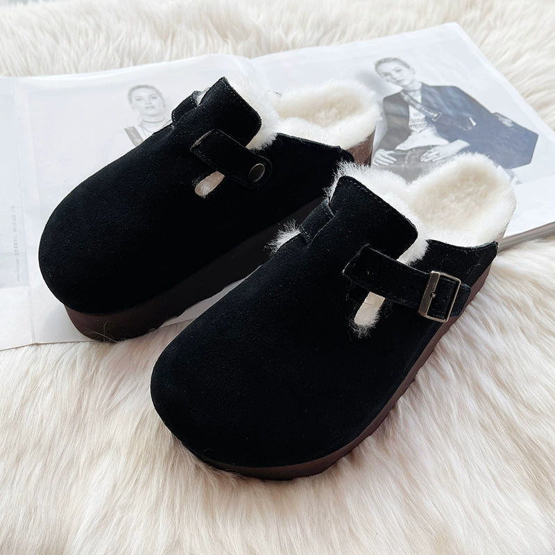 Sheepskin fur integrated Birkenstock shoes female genuine leather cork Boken edamame bean shoes autumn and winter pile platform snow boots