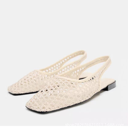 ZA2025 New Mesh Fishnet Toe Sandals Women's Niche Flat Back Hollow Sandals Single Shoes Hollow Fashion