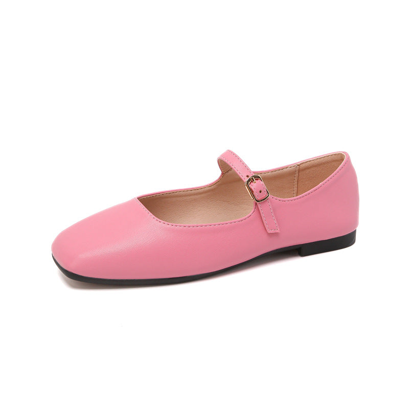 2026 new French soft leather one-button square toe shallow temperament retro Mary Jane single shoes women's flat gold