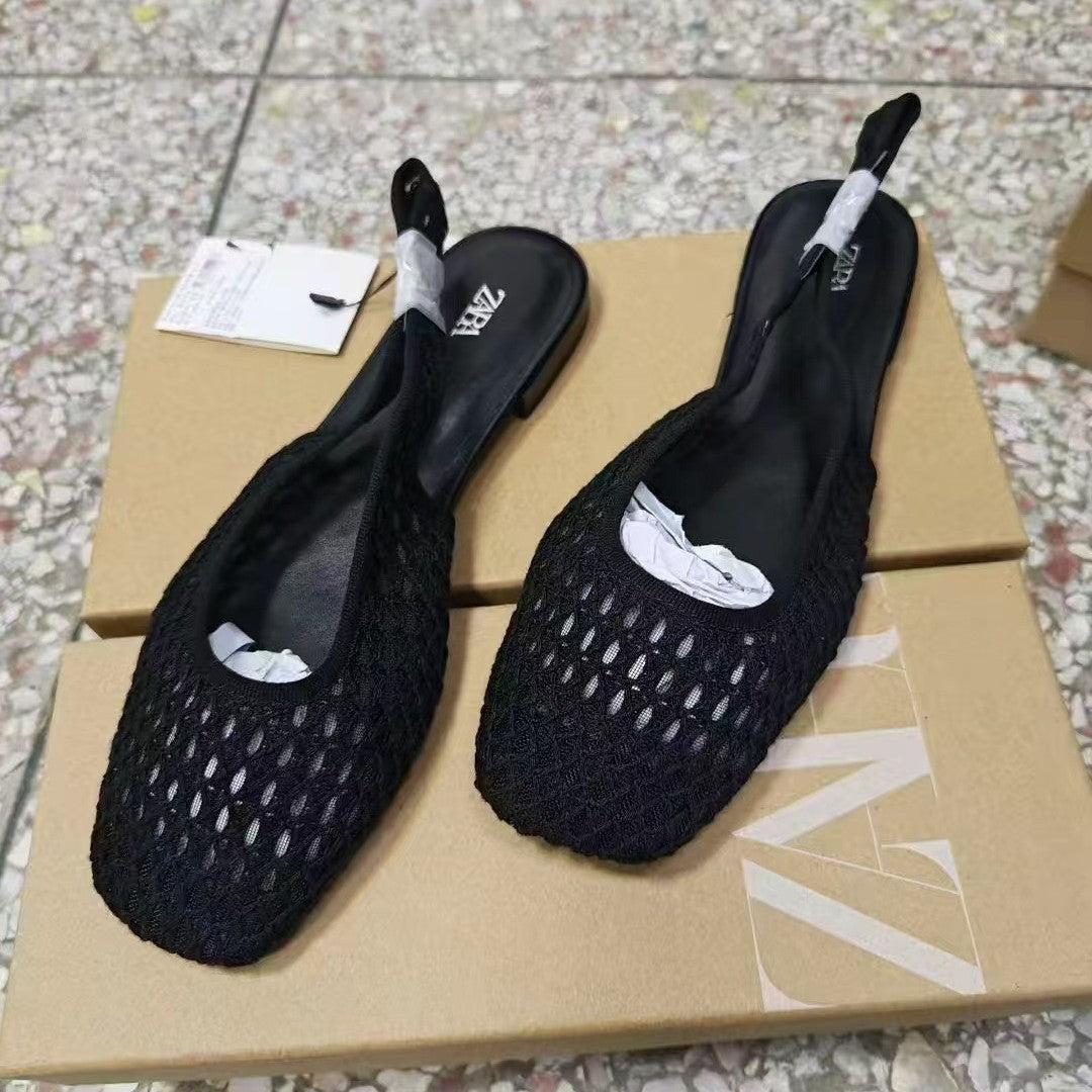 ZA2025 New Mesh Fishnet Toe Sandals Women's Niche Flat Back Hollow Sandals Single Shoes Hollow Fashion