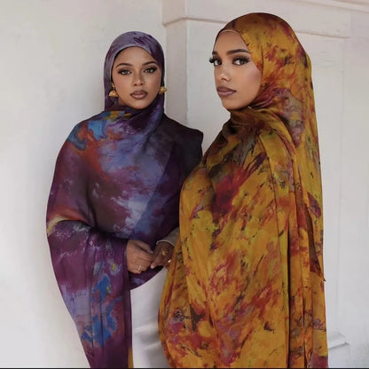 [Polyester Cotton Printing] cross-border hot selling watercolor series printed scarf double-sided penetration soft surrounding tie-dye east end