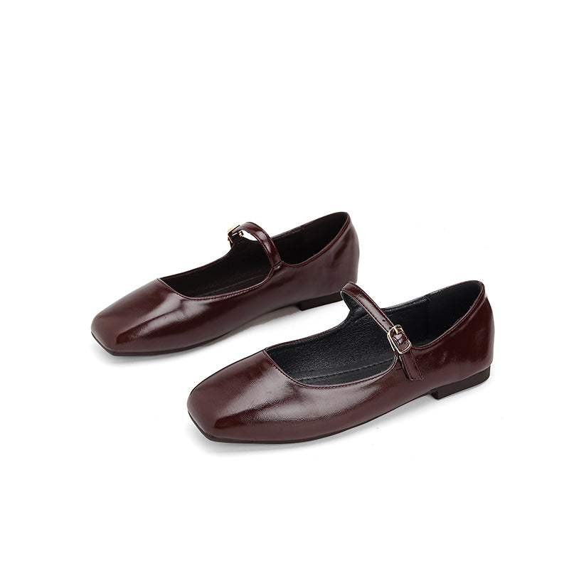 2026 new French soft leather one-button square toe shallow temperament retro Mary Jane single shoes women's flat gold