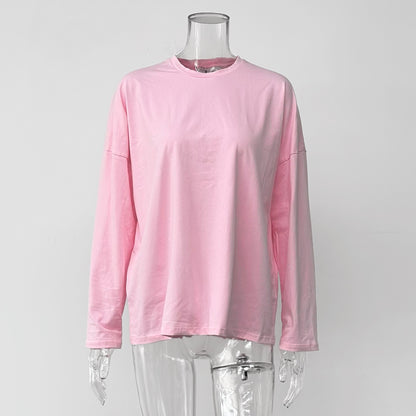 High-quality solid color simple long-sleeved T-shirt women's mid-length version European and American style cross-border loose casual new crew neck top