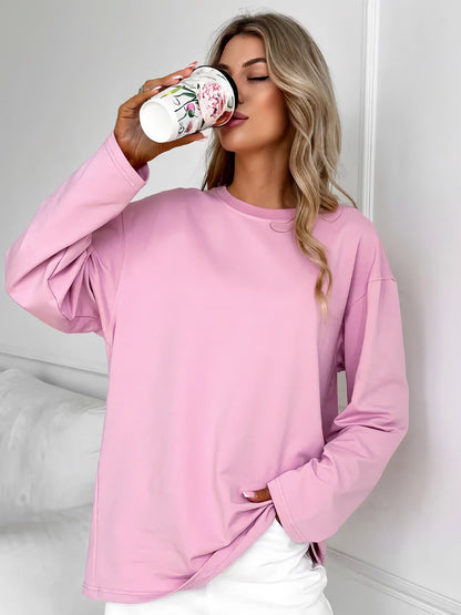 High-quality solid color simple long-sleeved T-shirt women's mid-length version European and American style cross-border loose casual new crew neck top