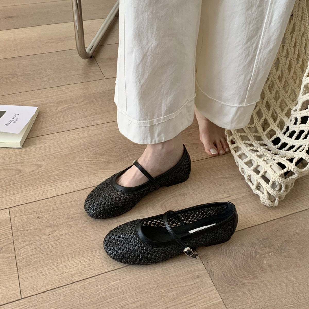 Summer 2025 New Round Toe French Flat Mary Jane Shoes Woven Vintage Single Shallow One Strap Single Shoe