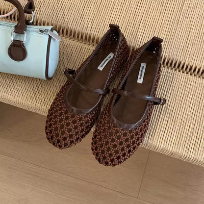 2026 Spring New Hollow Woven Mary Jane Shoes Women's Flats with Strap Straps