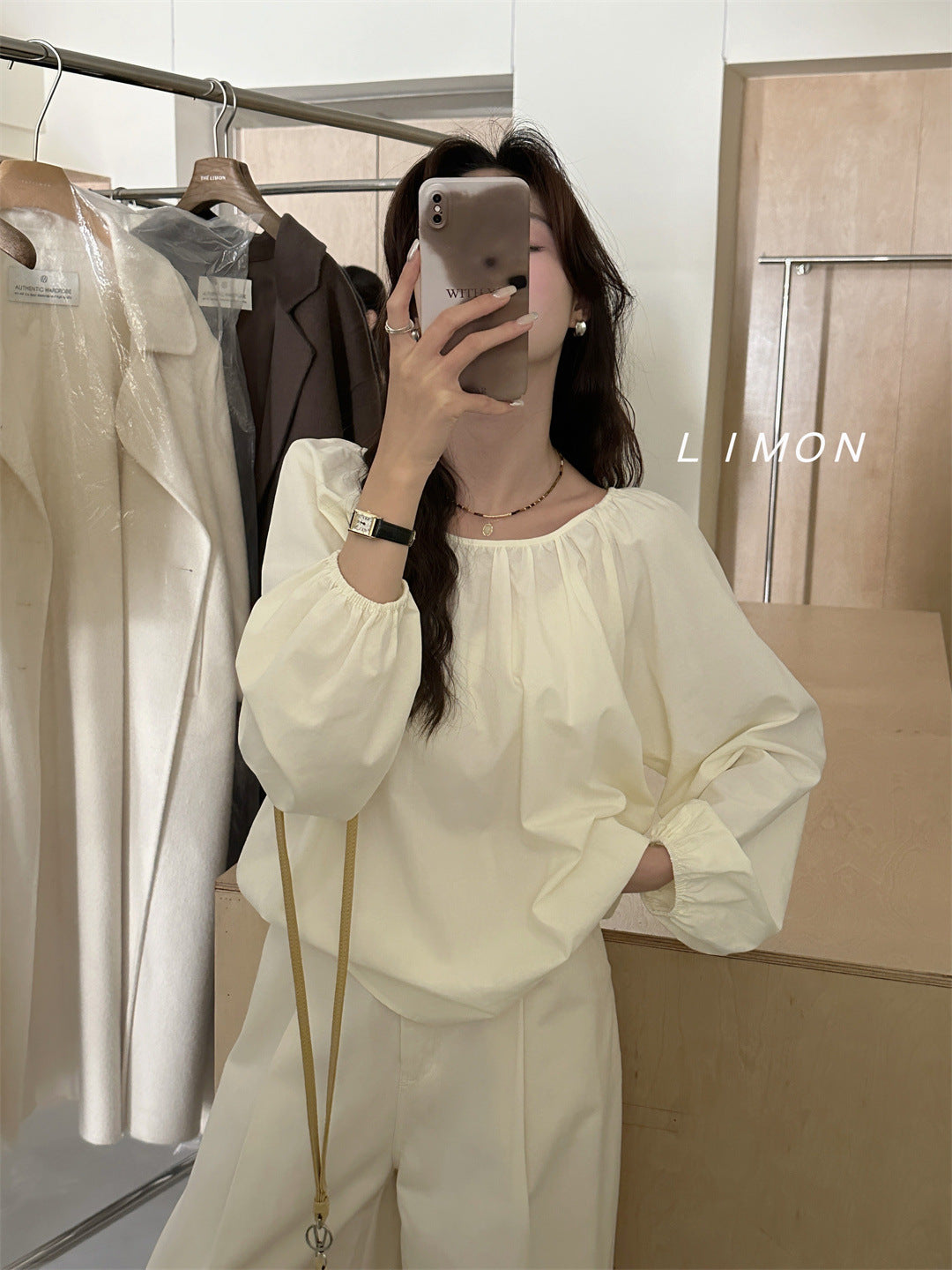 THE LEMON Green Tea 2024 Autumn New Korean Simple Temperament Crew Neck Solid Color Shirt Top Trend