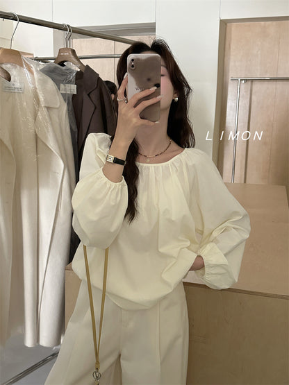 THE LEMON Green Tea 2024 Autumn New Korean Simple Temperament Crew Neck Solid Color Shirt Top Trend