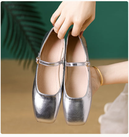 2026 new French soft leather one-button square toe shallow temperament retro Mary Jane single shoes women's flat gold