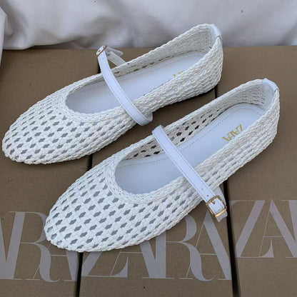 ZR African Round Toe Versatile One-Line Strap Hollow Plus Size Mary Jane Women's Shoes Flat Woven Single Shoes Women's Casual Versatile