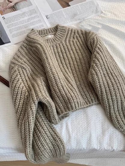 Gray Cropped thick line women's autumn and winter round neck pullover knit top sweater