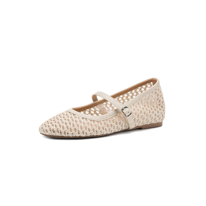 2026 Summer Vintage Woven Hollow Mesh Mary Jane Shoes Women's One-Strap Breathable Flat Flats Inner Height Increasing Sandals