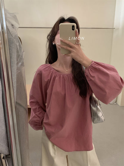 THE LEMON Green Tea 2024 Autumn New Korean Simple Temperament Crew Neck Solid Color Shirt Top Trend