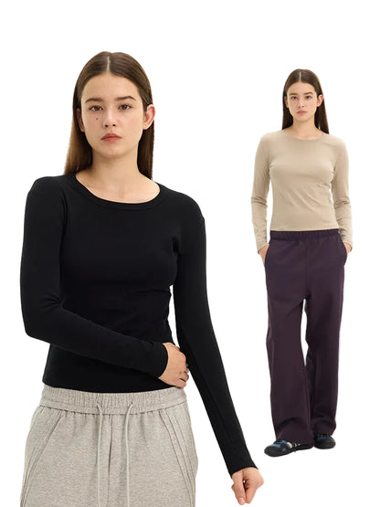 UNF Straight Shoulder Lycra Cotton Skin-friendly Solid Color Stretch Base Top Casual Commuter Crew Neck Long Sleeve Bottom T-Shirt Women's