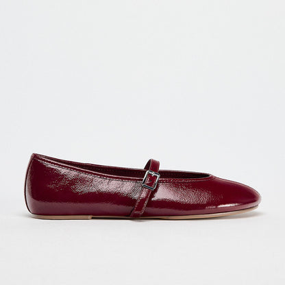 ZA Spring 2025 New Women's Shoes Burgundy Patent Leather Effect Ballet Shoes Flat Single Shoes Flat Heel Casual Versatile