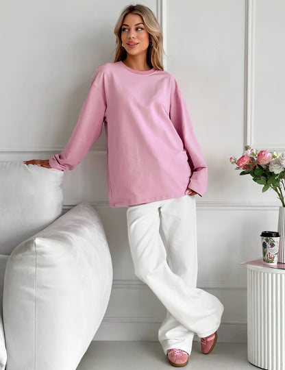 High-quality solid color simple long-sleeved T-shirt women's mid-length version European and American style cross-border loose casual new crew neck top