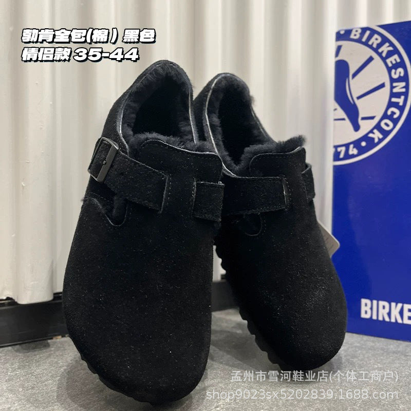 Sheepskin and wool integrated Birkenstock shoes women's half slippers winter 2025 new cork fleece cotton shoes Bokenstock slippers