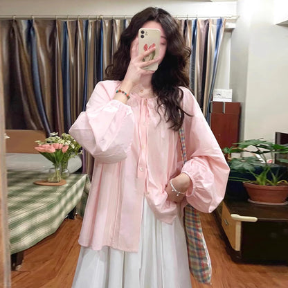 Pink sunscreen lantern sleeve design niche shirt + off-white belly support skirt