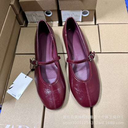 Burgundy Dark Cherry Red women's mary jane ballet shoes 2025 spring and autumn