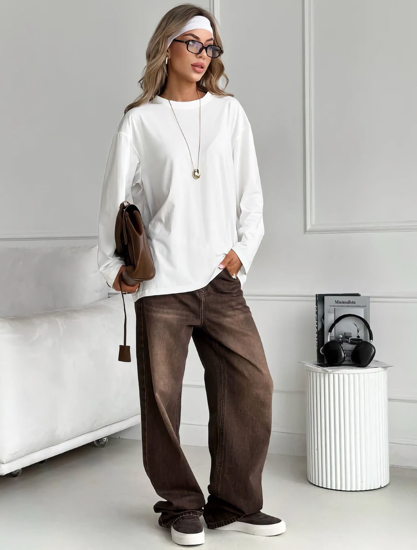 High-quality solid color simple long-sleeved T-shirt women's mid-length version European and American style cross-border loose casual new crew neck top