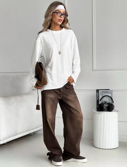 High-quality solid color simple long-sleeved T-shirt women's mid-length version European and American style cross-border loose casual new crew neck top