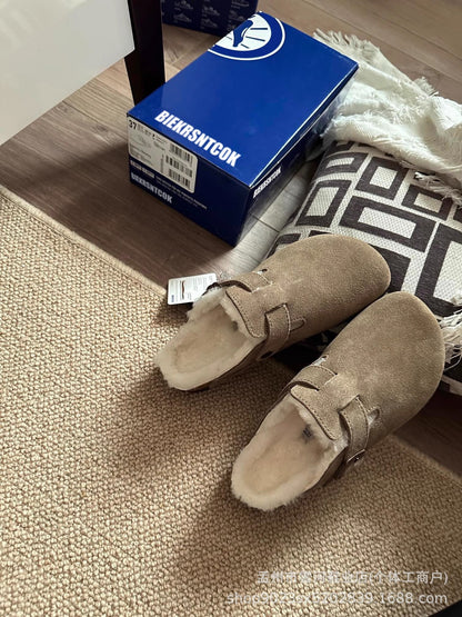 Sheepskin and wool integrated Birkenstock shoes women's half slippers winter 2025 new cork fleece cotton shoes Bokenstock slippers