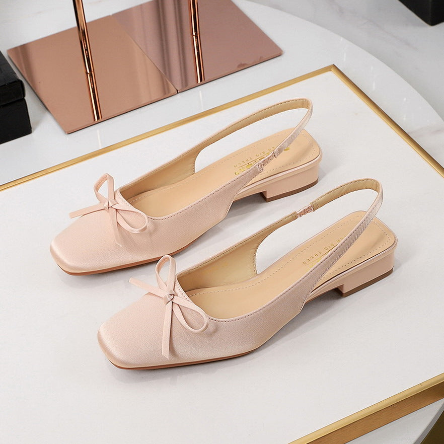 972-H101 Stunning French Small Square Toe Singles Versatile Bow Shallow Back Hollow Low Heel Satin Evening Style Women's Shoes
