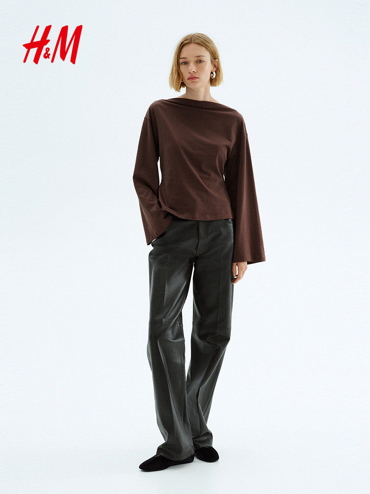 HM Women's T-Shirt Spring Straight Neck Embellished Skirt Dropped Shoulder Wide Long Sleeve Bottom Top 1301320