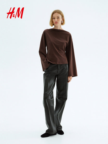HM Women's T-Shirt Spring Straight Neck Embellished Skirt Dropped Shoulder Wide Long Sleeve Bottom Top 1301320