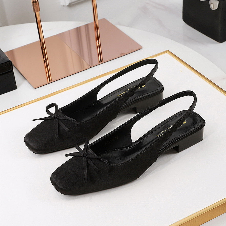 972-H101 Stunning French Small Square Toe Singles Versatile Bow Shallow Back Hollow Low Heel Satin Evening Style Women's Shoes