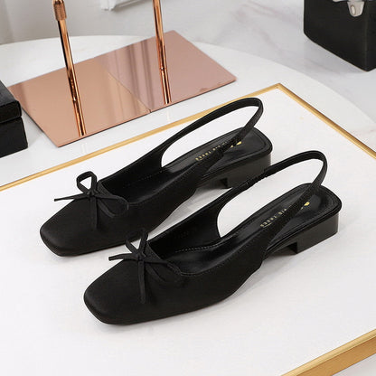 972-H101 Stunning French Small Square Toe Singles Versatile Bow Shallow Back Hollow Low Heel Satin Evening Style Women's Shoes