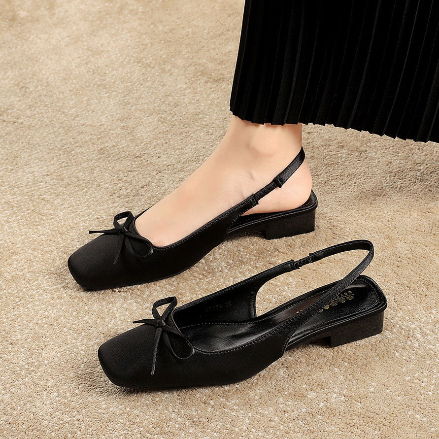 972-H101 Stunning French Small Square Toe Singles Versatile Bow Shallow Back Hollow Low Heel Satin Evening Style Women's Shoes