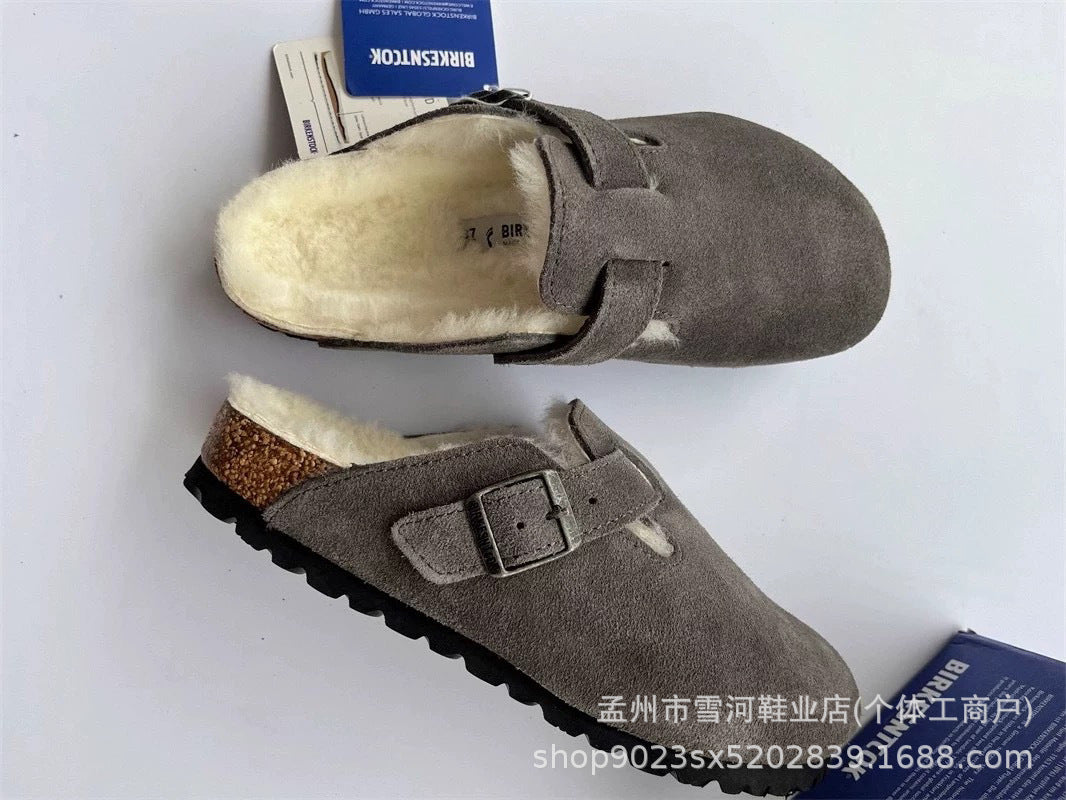 Sheepskin and wool integrated Birkenstock shoes women's half slippers winter 2025 new cork fleece cotton shoes Bokenstock slippers