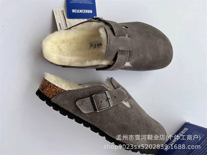 Sheepskin and wool integrated Birkenstock shoes women's half slippers winter 2025 new cork fleece cotton shoes Bokenstock slippers