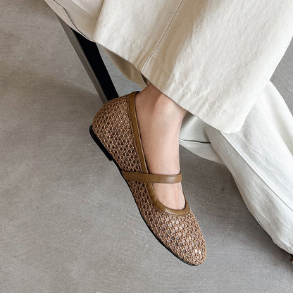 2026 Summer Vintage Woven Hollow Mesh Mary Jane Shoes Women's One-Strap Breathable Flat Flats Inner Height Increasing Sandals